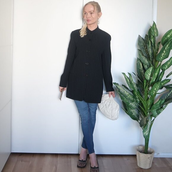 DKNY Long Pinstipe Stand Collar Career Suit Blazer - Picture 3 of 16